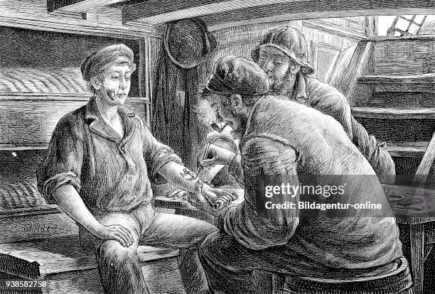 Tattooing a boy sailor, original drawing by Schildt, Germany, historical image or illustration, published 1890, digital improved.