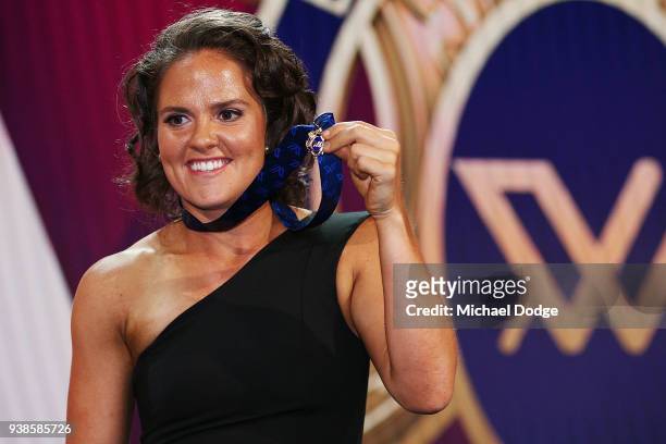 Emma Kearney of the Bulldogs poses with the AFLW Medal the 2018 AFW Awards at The Peninsula on March 27, 2018 in Melbourne, Australia.