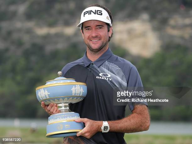 Bubba Watson of the United States celebrates with the Walter Hagen Cup after winning the World Golf Championships-Dell Match Play at Austin Country...