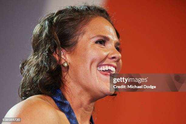 Emma Kearney of the Bulldogs speaks after winning the AFLW Medal the 2018 AFW Awards at The Peninsula on March 27, 2018 in Melbourne, Australia.