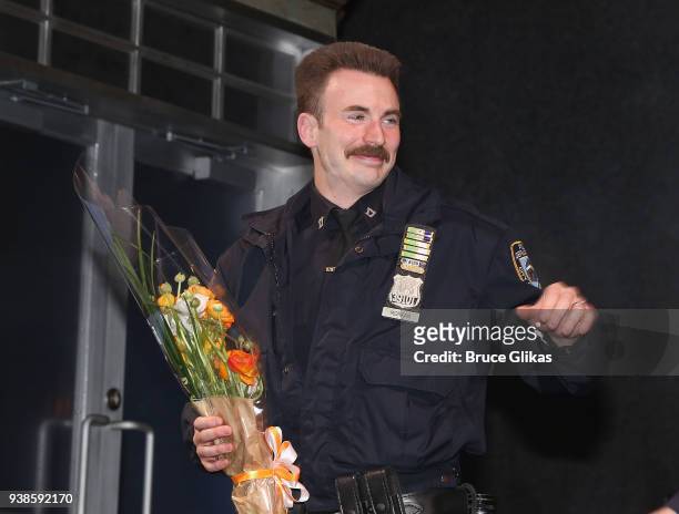 Chris Evans makes his broadway debut as he takes his opening night curtain call in the play "Lobby Hero" on Broadway at The Helen Hayes Theatre on...