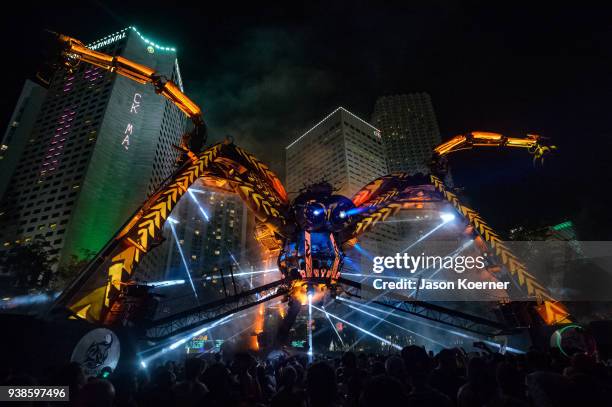 General view of the Resistance Arcadia Spider stage during Ultra Music Festival 2018 at Bayfront Park on March 24, 2018 in Miami, Florida.