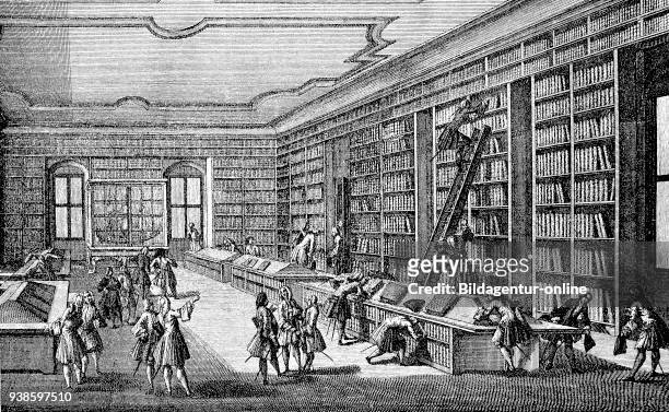In the library of the University of Goettingen, Germany, woodcut from the year 1885, digital improved.