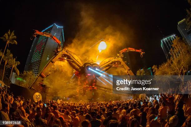 General view of the Resistance Arcadia Spider stage during Ultra Music Festival 2018 at Bayfront Park on March 24, 2018 in Miami, Florida.