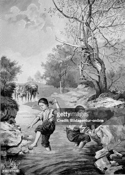 Grosses Pech, Big bad luck, little boy has a river cancer at the foot, Germany, historical image or illustration, published 1890, digital improved.