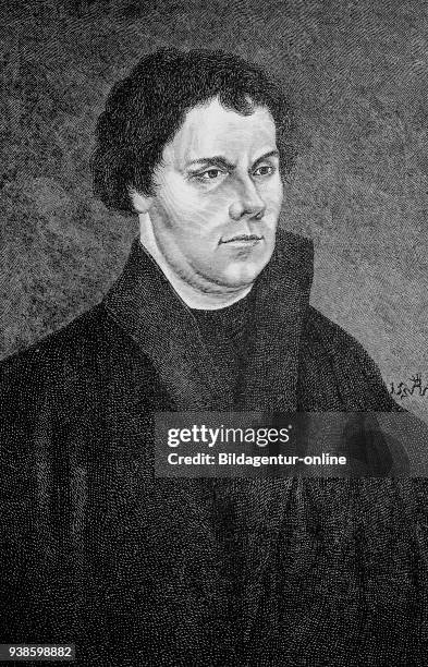 Martin Luther, 1483-1546, a German professor of theology, composer, priest, monk, Portrait in 1525, woodcut from the year 1885, digital improved.