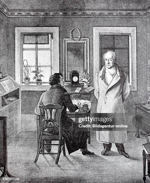 Johann Wolfgang von Goethe dictates his secretary in his study, oil painting by J. J. Schneller Gemany, historical image or illustration, published...