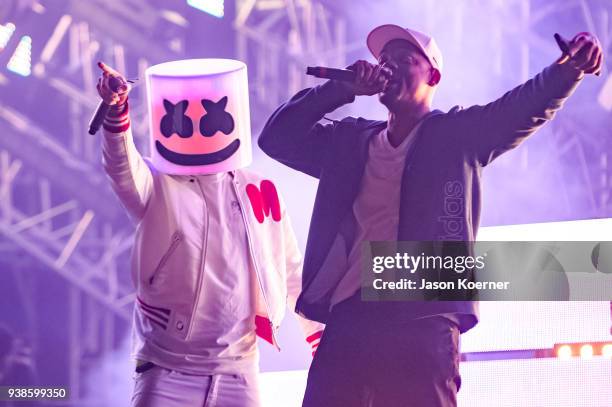 Marshmello and Will Smith perform on stage during Ultra Music Festival 2018 at Bayfront Park on March 24, 2018 in Miami, Florida.