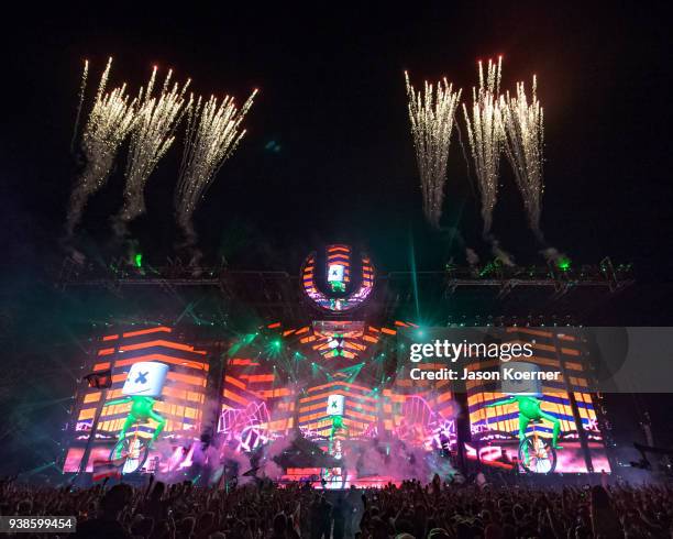 Marshmello performs during Ultra Music Festival 2018 at Bayfront Park on March 24, 2018 in Miami, Florida.