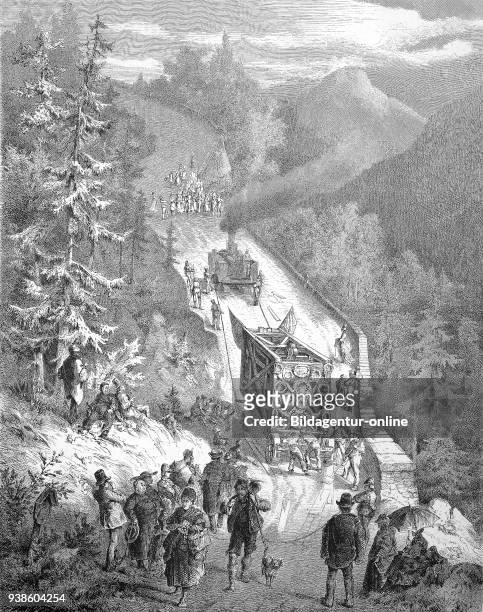 Historical illustration showing the transport of the parts of a big cruzifix on a mountain pass in the bavarian alps near Ettal, Bavaria, Germany....