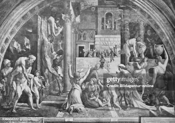 Historical photo of The Fire in the Borgo Stanza dell'incendio del Borgo, painted by the workshop to Raphael's design, Vatican, Rome, Italy, Digital...