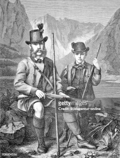 Emperor Franz Joseph I of Austria and Rudolf, Crown Prince of Austria hunting for chamois in the austrian alps, Austria, illustration from the 19th...