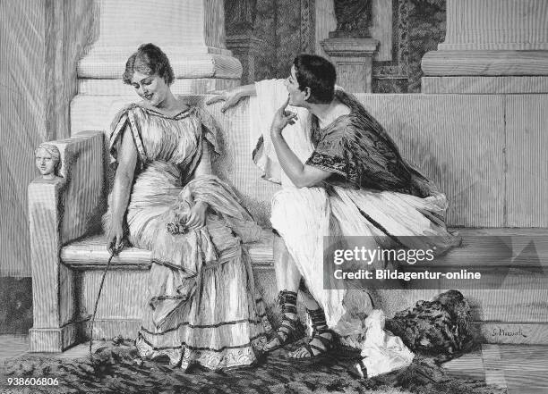 Love chatter. Young man flirting intensely with a woman, middle age, illustration published in 1880.