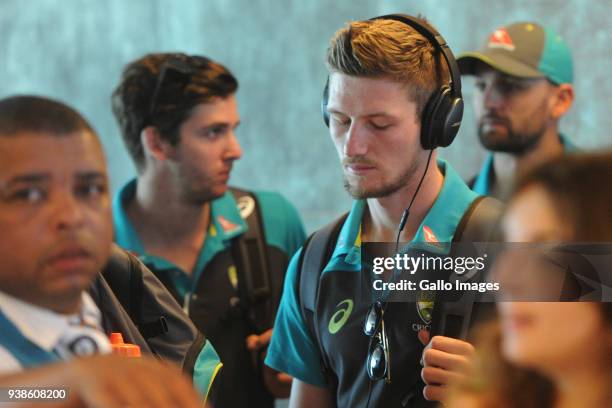 Cameron Bancroft during the Australian national mens cricket team arrival at Cape Town International Airport on March 27, 2018 in Cape Town, South...