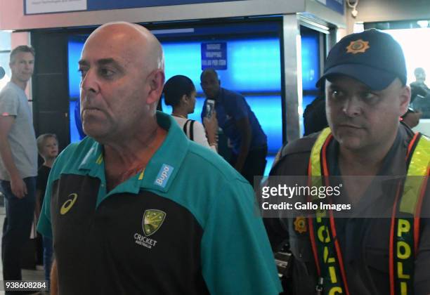 Darren Lehmann during the Australian national mens cricket team arrival at Cape Town International Airport on March 27, 2018 in Cape Town, South...
