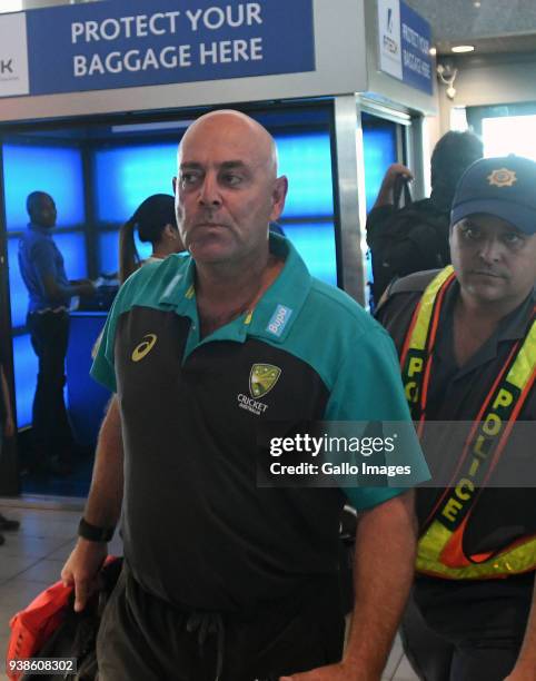 Darren Lehmann during the Australian national mens cricket team arrival at Cape Town International Airport on March 27, 2018 in Cape Town, South...