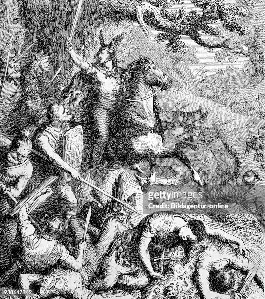 Fight between romans and germans, teutons, The Battle of the Teutoburg Forest, Schlacht im Teutoburger Wald, Hermannsschlacht, or Varusschlacht, year...