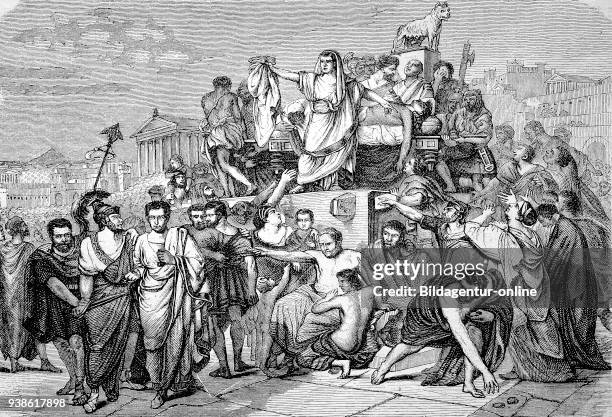 Anthony holds a funeral oration for the dead Caesar, Marcus Antonius Orator, 143 BC - 87 BC, the story of the ancient Rome, roman Empire, Italy.