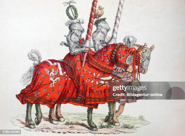 Knights with horses move to the tournament, from the tournament book of Emperor Maximilian, Ritter mit Pferd ziehen zum Turnier, aus dem Turnierbuch...