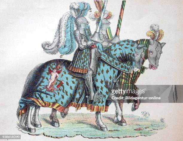 Knights with horses move to the tournament, from the tournament book of Emperor Maximilian, Ritter mit Pferd ziehen zum Turnier, aus dem Turnierbuch...