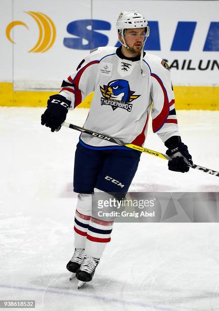 Tim Erixon of the Springfield Thunderbirds skates in warmup prior to a game against the Toronto Marlies on March 25, 2018 at Ricoh Coliseum in...