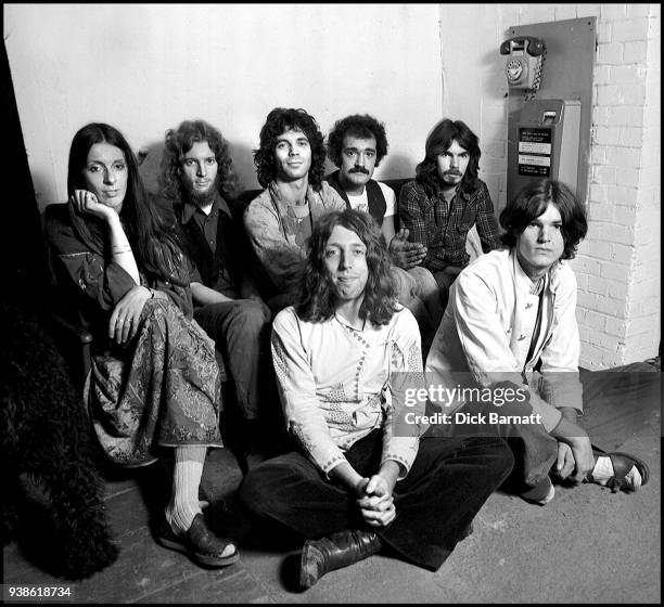 Group portrait of Gong with Steve Hillage , London, circa 1975. Miquette Giraudy on left.