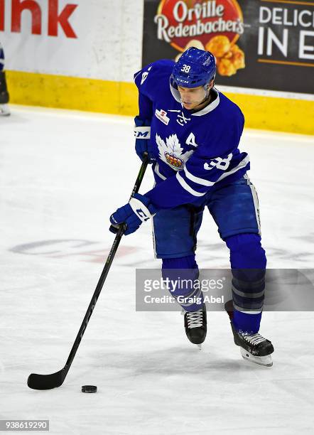 Colin Greening of the Toronto Marlies skates in warmup prior to a game against the Springfield Thunderbirds on March 25, 2018 at Ricoh Coliseum in...