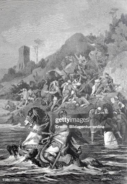 After the defeat at Cotrone, Emperor Otto II swerved the sea to take refuge on a ship, Kaiser Otto II durchschwimmt nach der Niederlage bei Cotrone...