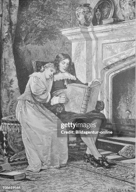 Romantic scene at the fireplace, distinguished man reading in a book, the woman has leaned against his shoulder, romantische Szene am Kamin,...