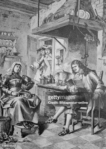 Moliere read to his maid a newly written play, Moliere liest seiner Magd ein eben geschriebenes Lustspiel vor, Moliere, Jean-Baptiste Poquelin, 1622...