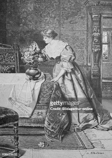 Large bouquet of flowers in the living room of a distinguished family, Young woman in elegant dress, Gro§er Blumenstrauss im Wohnzimmer einer...
