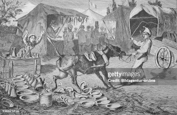 Market day in the 19th century. Stubborn donkey has smashed china, at a market stall, Markttag im 19. Jahrhundert. St?rrischer Esel hat Porzellan...