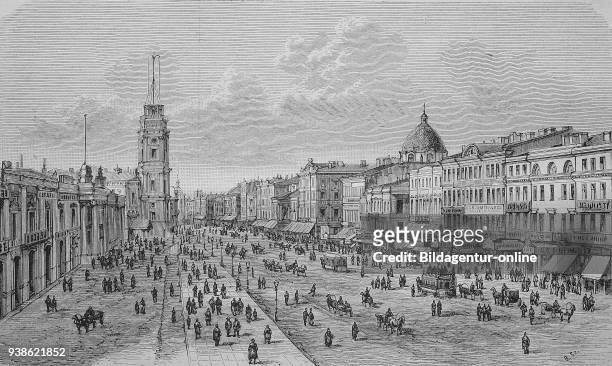 The Nevsky Prospect in St. Petersburg, Russia, in 1885, Der Newsky-Prospekt in St. Petersburg, Russland, im Jahre 1885, digital improved reproduction...