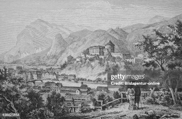 Kufstein, town and castle, Austria, in the 19th century, Kufstein, Stadt und Burg, ?sterreich, im 19. Jahrhundert, digital improved reproduction of a...