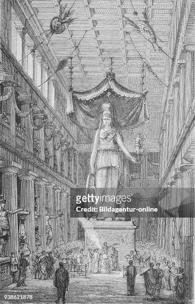 Athena inside the Parthenon in Athens, Greece, Athene im Inneren des Parthenon in Athen, Griechenland, digital improved reproduction of a woodcut...