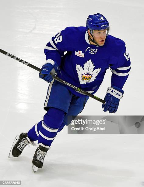 Chris Mueller of the Toronto Marlies turns up ice against the Springfield Thunderbirds during AHL game action on March 25, 2018 at Ricoh Coliseum in...