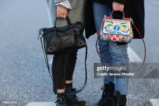 Sonja Paszkowiak & Kira Tolk from Shoppisticated wearing Balenciaga and Dolce & Gabbana bag on January 08, 2018 in Hamburg