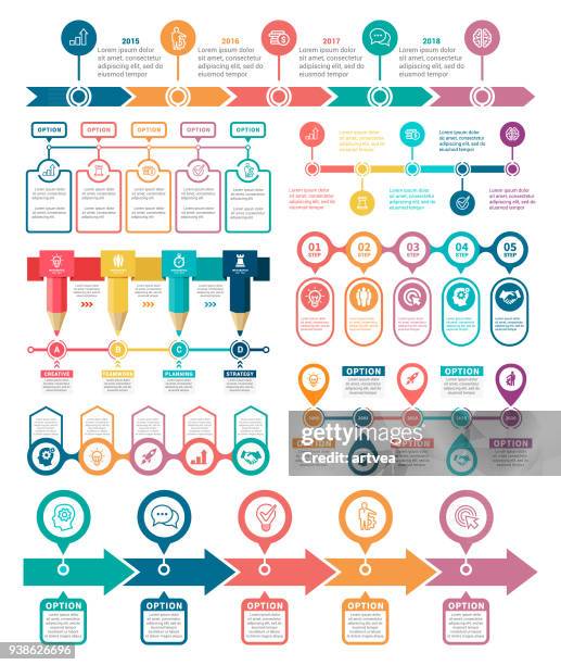 ilustrações de stock, clip art, desenhos animados e ícones de infographic elements and timeline set - data flow