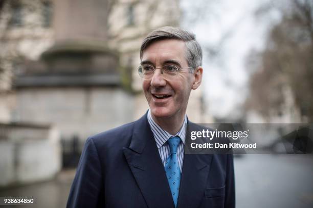 Conservative MP Jacob Rees-Mogg arrives to give a Brexit speech at Carlton Gardens on March 27, 2018 in London, England. The speech was hosted by the...