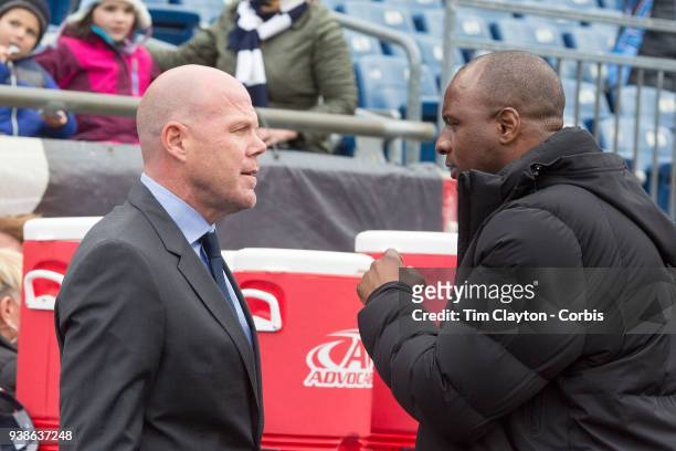 March 24: Brad Friedel, head coach of New England Revolution and Patrick Vieira, head coach of New York City FC meet on the sideline before the New...