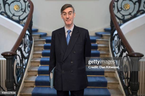 Conservative MP Jacob Rees-Mogg poses before taking part in a Brexit a speech at Carlton Gardens on March 27, 2018 in London, England. The speech was...