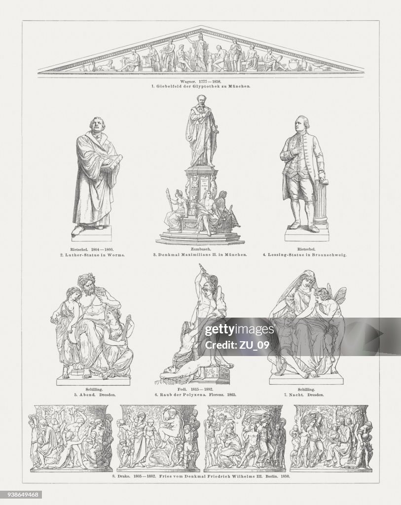 European sculpture art, 19th century, wood engravings, published in 1897