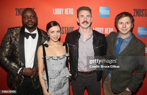 Brian Tyree Henry, Bel Powley, Chris Evans, and Michael Cera pose at the opening night after party for the play "Lobby Hero" on Broadway at Bryant...