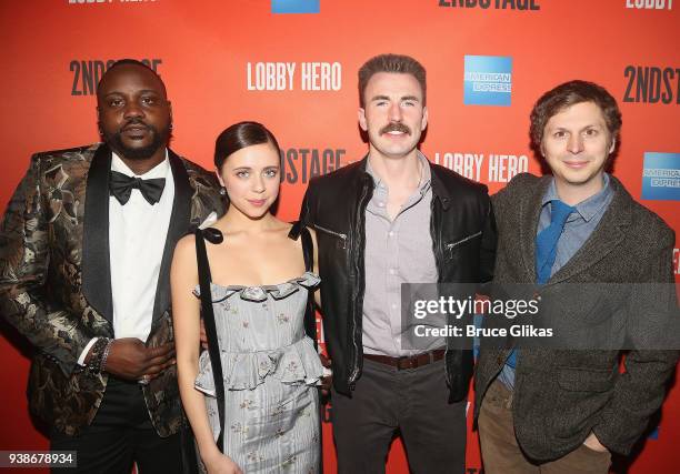 Brian Tyree Henry, Bel Powley, Chris Evans, and Michael Cera pose at the opening night after party for the play "Lobby Hero" on Broadway at Bryant...