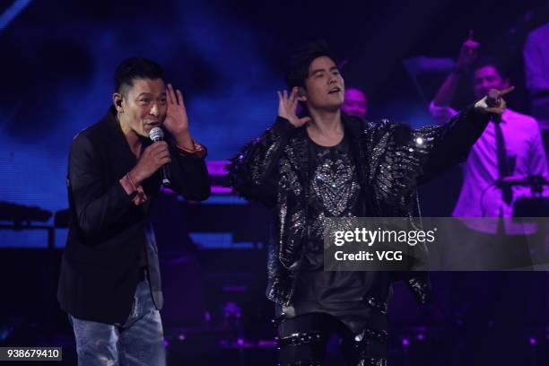 Actor and singer Andy Lau and singer Jay Chou perform during Jay Chou's 'The Invincible 2 Concert Tour 2018' on March 25, 2018 in Hong Kong, China.