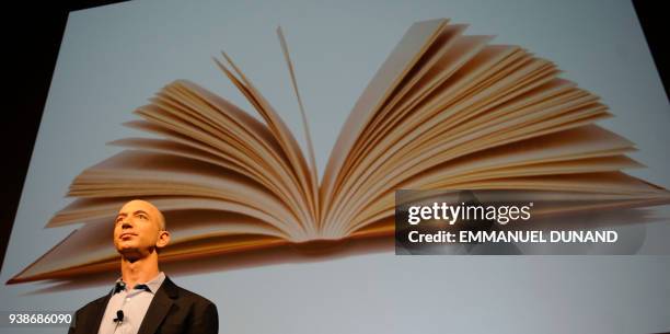 Amazon founder Jeff Bezos holds a press conference to unveil the Kindle 2, the latest version of Amazon's popular electronic reader, the Kindle, in...