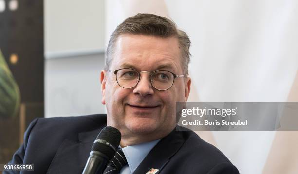 Reinhard Grindel, DFB president attends a panel discussion during the DFB Integration Congress, a conference under the slogan ' Angekommen im Verein...