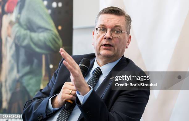 Reinhard Grindel, DFB president attends a panel discussion during the DFB Integration Congress, a conference under the slogan ' Angekommen im Verein...