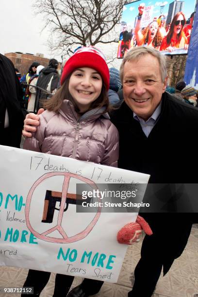 American politician US Senator Dick Durbin poses with a young demonstrator during the March For Our Lives rally, Chicago, Illinois, March 24, 2018....