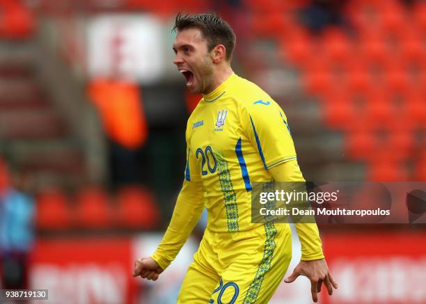 Olexandr Karavayev of Ukraine celebrates after scoring his sides second goal during the International Friendly match between Japan and Ukraine at...